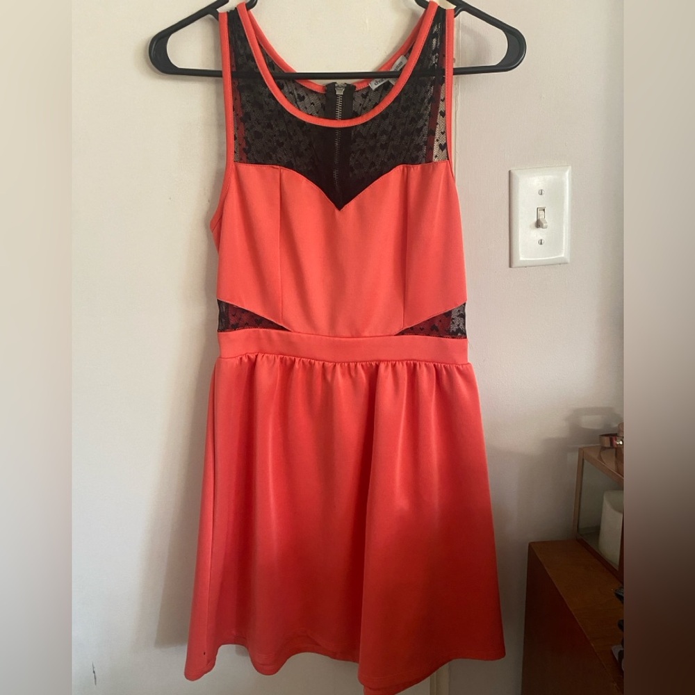 Coral Sleeveless Dress with Black Lace Detail